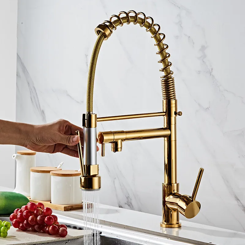 Kitchen Faucet Gold/Black/Chrome Soild Brass Hot & Cold Sink Mixer Tap Double Handle Rotating Pull-Down Spring Type Copper