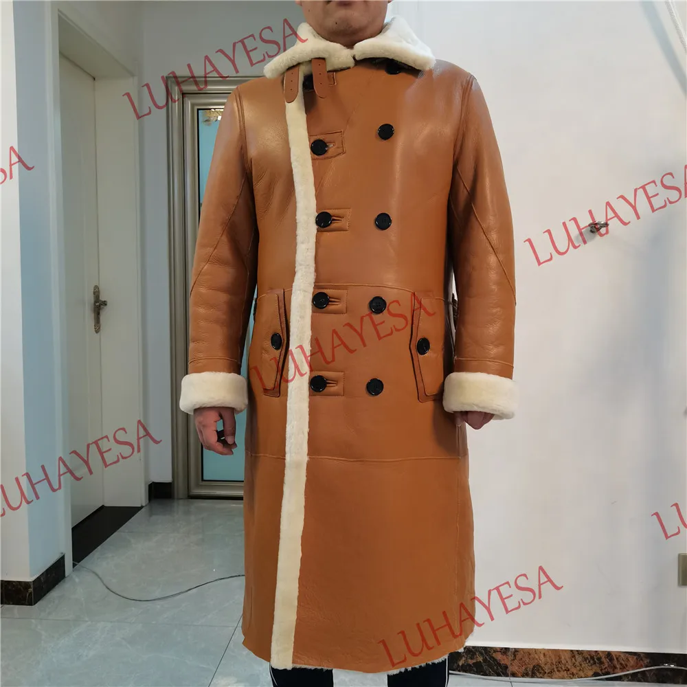 Luxury Men\'s Sheepskin Coat Genuine Leather Male Formal Casual Winter Long Thick Jacket Sheepskin Shearling Men Fur Outwear 5XL