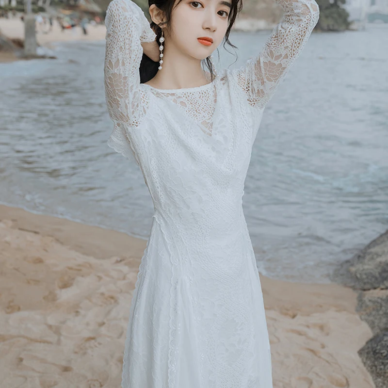 Vestido de boda de manga larga con cuello de barco, gasa, espalda abierta, encaje transparente, línea A, bohemio, hecho A medida, traje nupcial de playa 2021