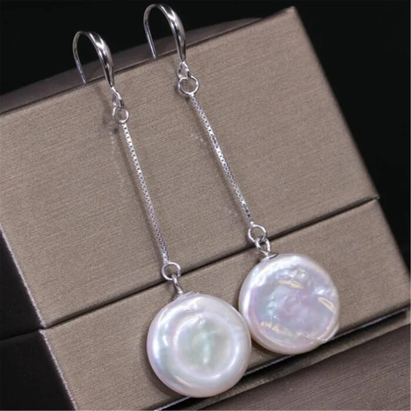 14-15mm White Baroque Pearl Earrings Silver Ear Drop Hook Aurora Mesmerizing Earbob Real Dangle AAA Jewelry Cultured Flawless