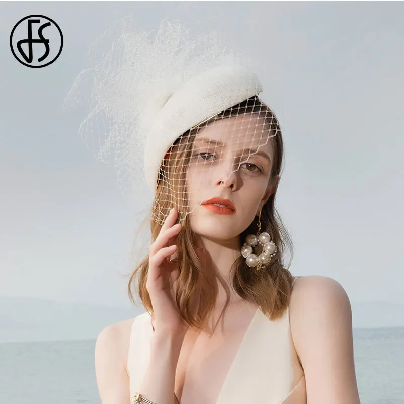 FS Beige White Fascinator Hats For Weddings Church Women Derby Pillbox Hat With Veil Black Fedoras Vintage Ladies Party Elegant