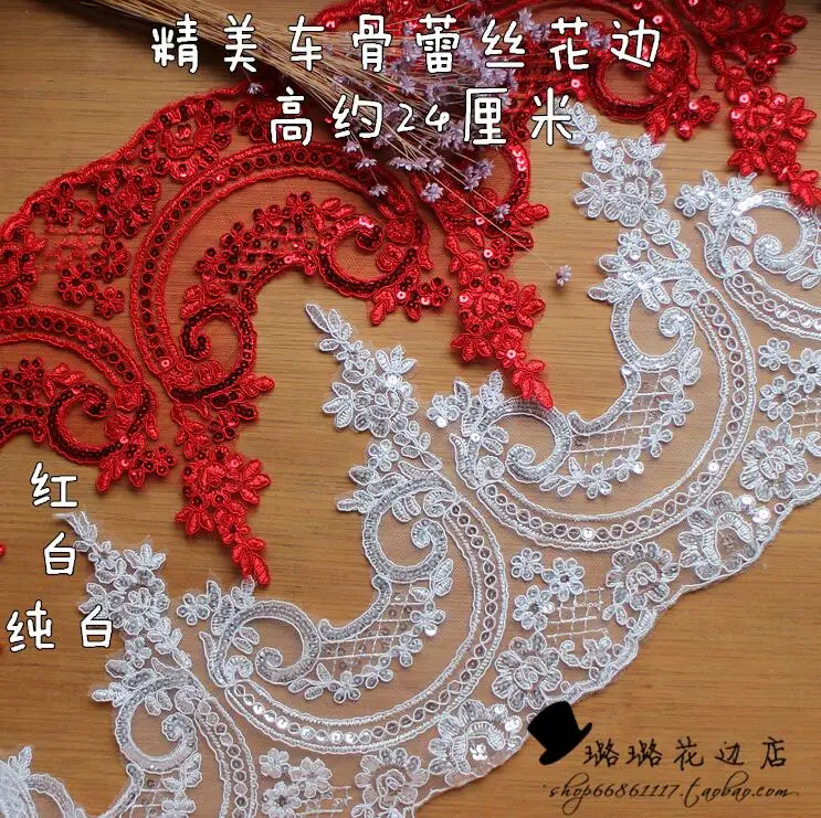 1 Yard Bling White Ivory Red Sequin Cording Fabric Flower Venise Venice Mesh Lace Trim Applique Sewing Craft for Wedding Decor