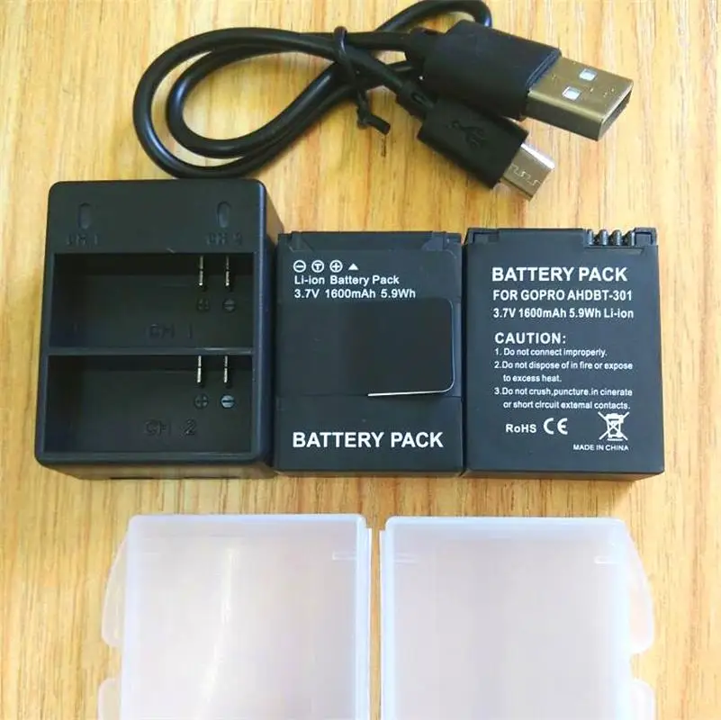 Gopro Hero 3+ Power 3.7V AHDBT-301 Ładowanie akumulatora Podwójna ładowarka USB Etui/pudełko na akumulator AHDBT302 Akcesoria do kamer sportowych