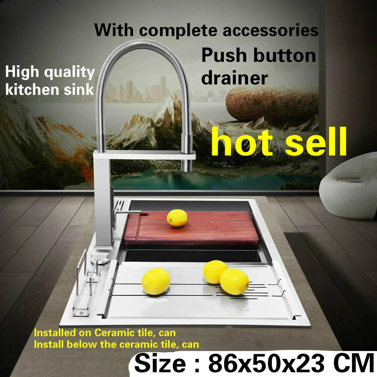 Tangwu Luxurious and high-grade kitchen sink button drainage 4 mm thick food grade stainless steel double groove big 86x50x23 CM