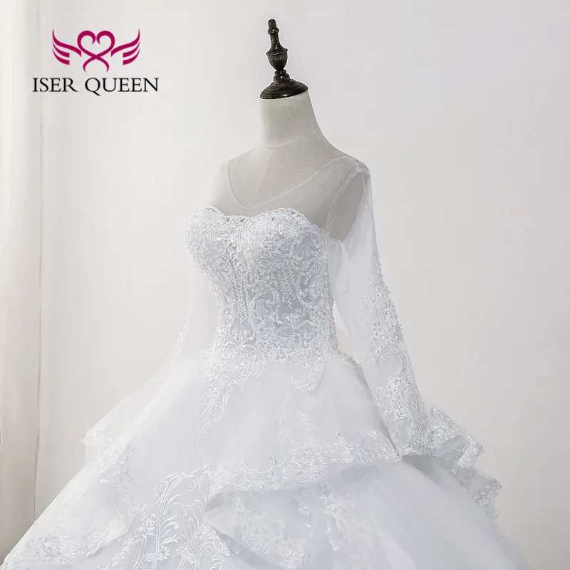 Aangepaste Backless Lange Mouw Trouwjurk Bruid Robe De Mariee Sheer Hals Kant Applicaties Baljurk Trouwjurken WX0175