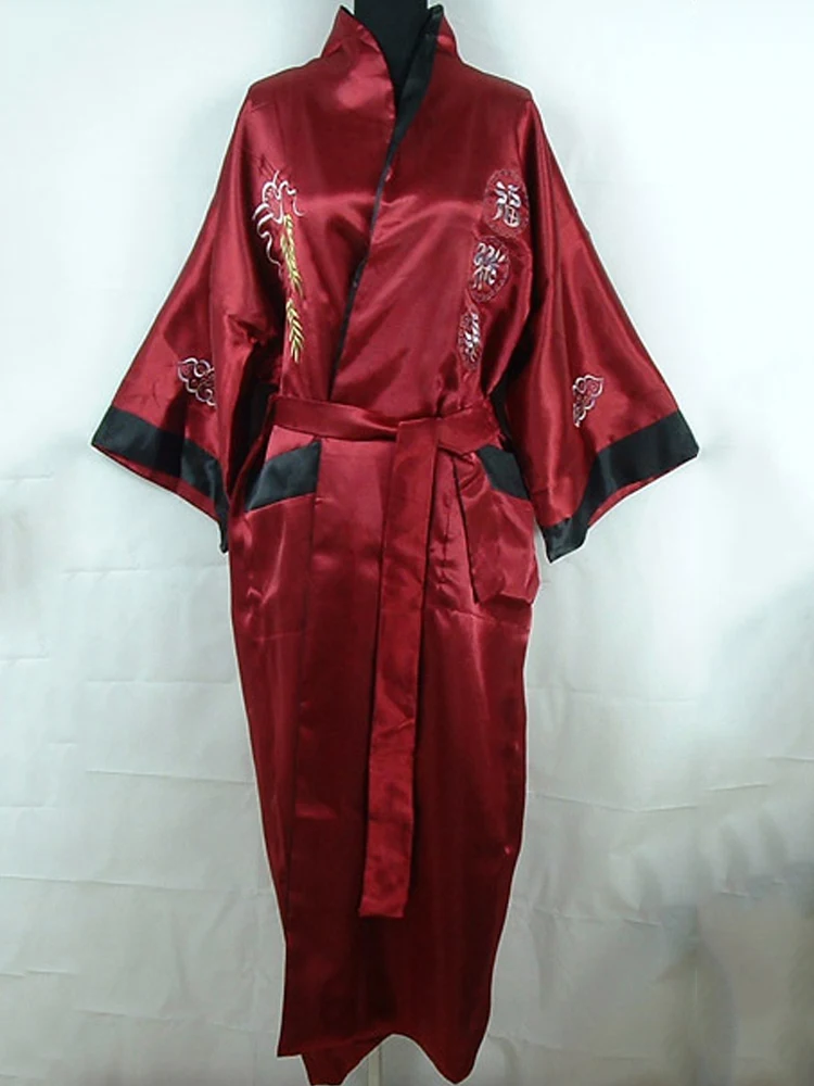 Burgundy Black Reversible Chinese Women\'s Satin Silk Two-face Robe Embroidery Kimono Bath Gown Dragon One Size S3003&