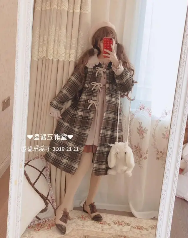 Inverno vintage reticolo dolce lolita cappotto collare del peter pan di bowknot del manicotto di soffio vittoriano cappotto della ragazza kawaii