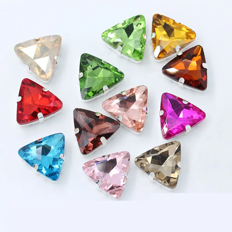 Crystal Glass triangle with silver claw rhinestone sew on Claw Setting glass stones for jewelry Clothing accessories decoration