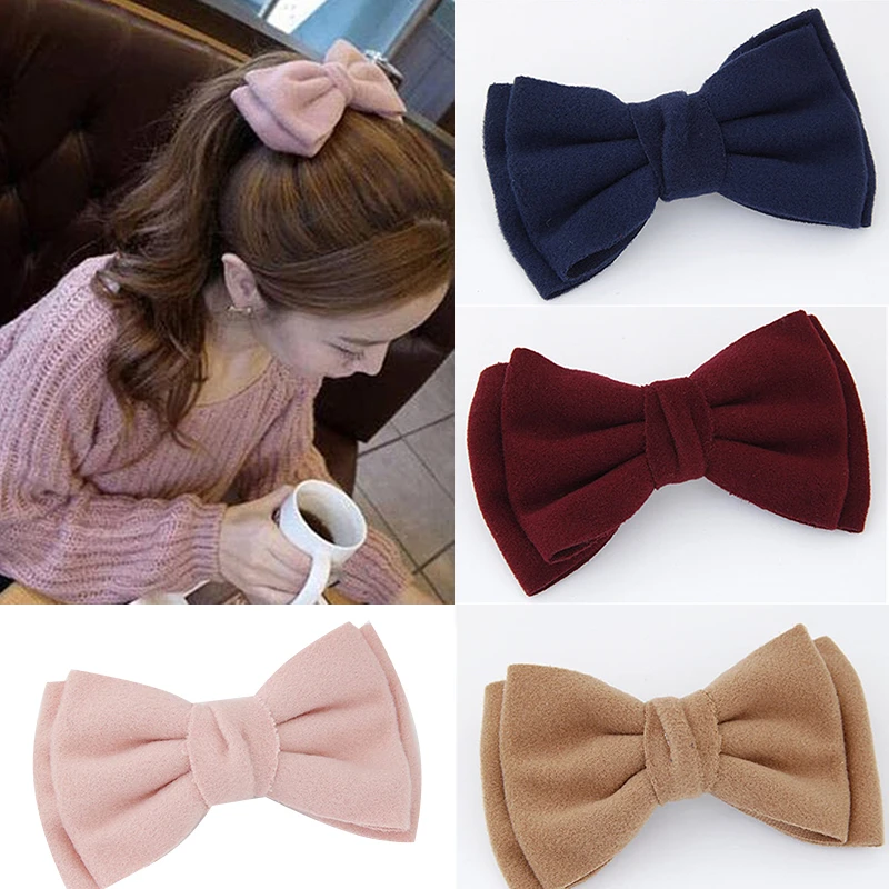 Korean Solid Color Bow Hair Clip Alloy Flannel Hair Barrette For Women Kids Trendy Simple Hairclip All-match Hairpin Accessories