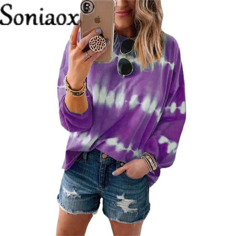 

2021 Women's Clothing Autumn Winter Tie-Dye Striped Printed Striped Round Neck Loose Casual Long Sleeve Street T-Shirt