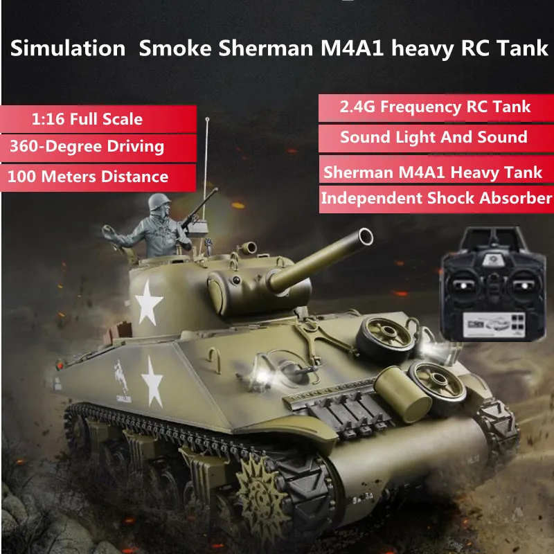 Simulation Smoke Sherman M4A1 heavy RC Tank 1:16 Independent Shock Absorber 360-Degree Driving  2.4G Remote Control Tank Model