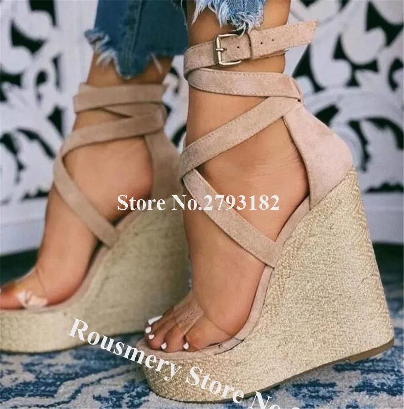 Newest Women Fashion Open Toe Suede Straps High Platform Straw Bottom Wedge Sandals Yellow Beige High Heel Wedges Summer Shoes