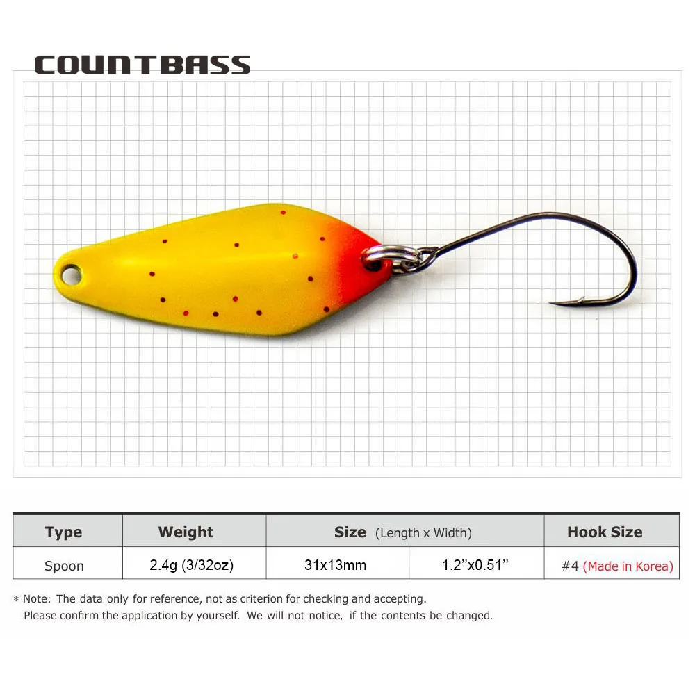 COUNTBASS 6PCS Trout Fishing Spoons Size 31x13mm, 2.4g 3/32oz Casting Metal Lure for Salmon Pike Bass