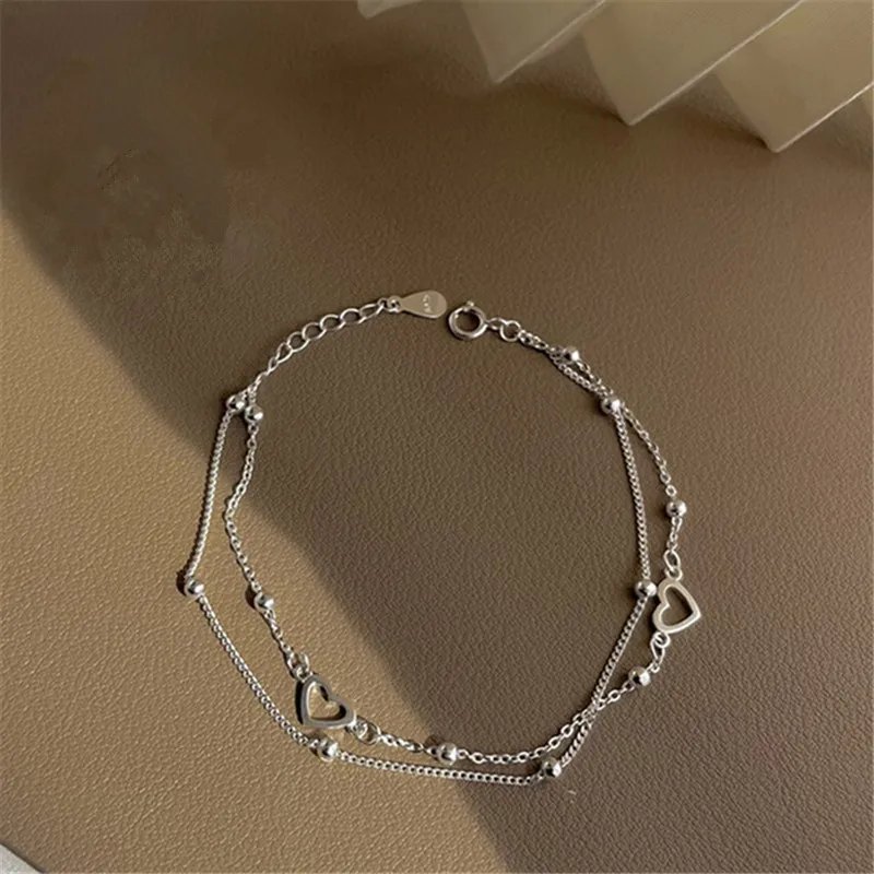 S925 Silver Plated Double Layers Love Heart Charm Bracelets &Bangle For Women Girls Elegant Birthday Wedding Party sl001