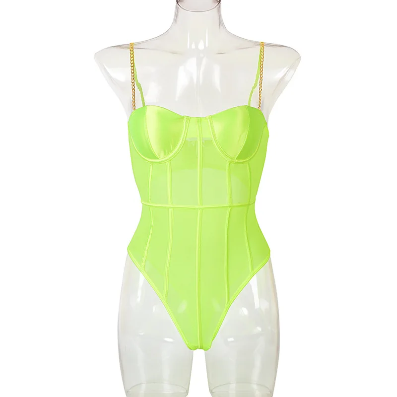 Neon Green Mesh Transparent BodySuit Sexy Women\'s Backless Striped Sleeveless Overalls Party Fashion Spaghelti Strap Rompers New