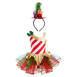 Kids Girls Ballet Dancewear Figure Skating Dance Dress with Headband Hair Hoop Christmas Xmas Miss Santa Claus Cosplay Costume