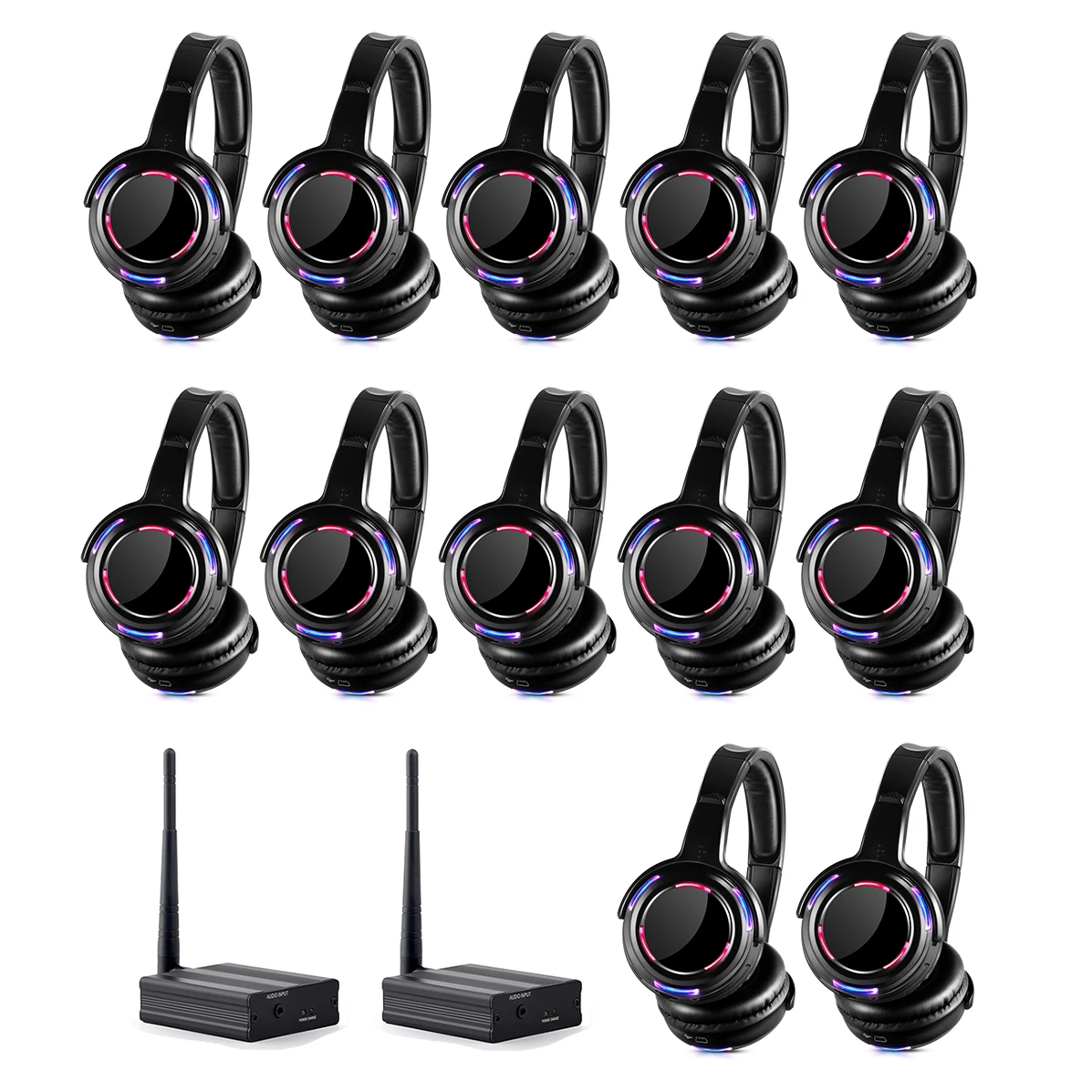 

500m Distance Professional Silent Disco LED Headphones (12pcs Receivers with 2 Transmitters) -- RF Wireless For Family DJ