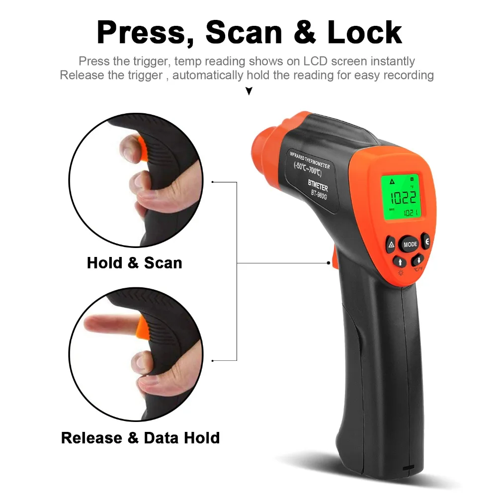 

BT-980G Digital Infrared Thermometer Non-Contact High Temp IR Laser Gun Distance Spot Ratio: 16:1 Temperature Range -58-1292℉