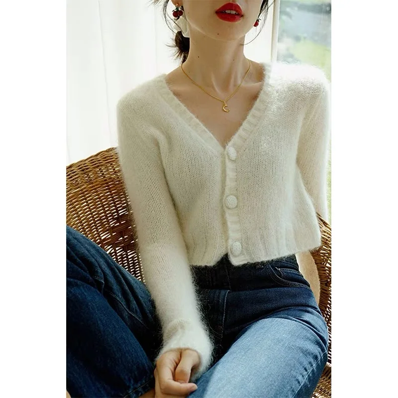 Fall Long Sleeve Top Vintage Knit Sweater Korean Style Cropped Cardigan V Neck Mohair Cardigan Preppy Furry Cardigan White Black