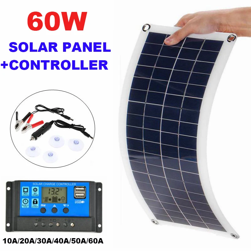 Solar Panel 60W 12V DualUSB Output Solar Cells Poly Solar Panel 10/20/30/40/50/60A Controller for Car Yacht Battery Boat Charger