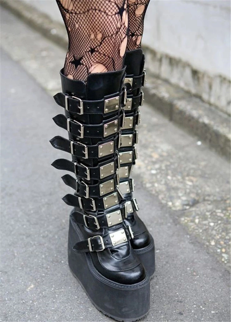 12.5cm high boots for pole dancing on a nightclub stage.  Sexy metal buckle decoration, dance shoes