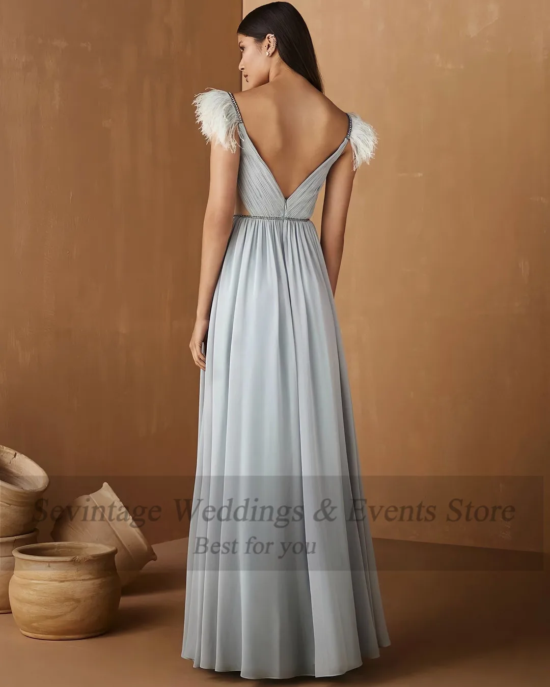 Sevintage Silver Chiffon Lange Prom Dresses 2022 Kralen Crystal Pleats Avond Party Jassen Slit Veren Vrouwen Formele Prom Gown