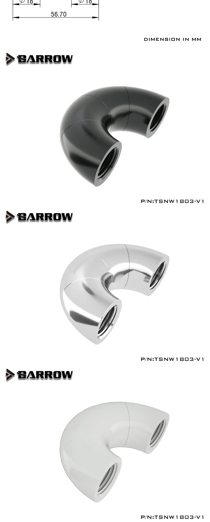 Barrow TSNW1803-V1 180-Grad-Zickzack-drehbare Beschläge, vierstufiger G1/4-Stecker mit Buchse auf Buchse, PC-Kühlzubehör – Detail 2