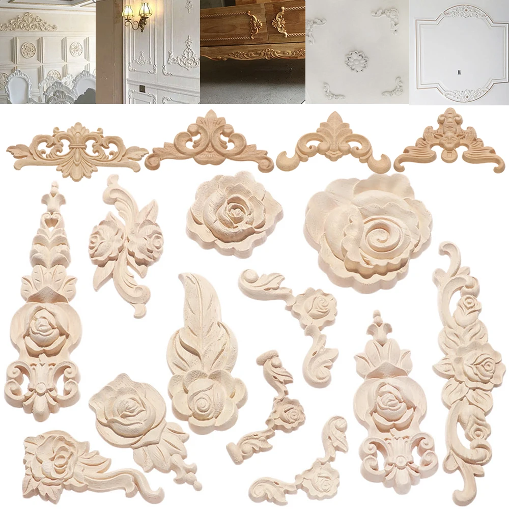 New 1pc Multi-styles Natural Floral Wood Carved Wooden Figurines Crafts Corner Appliques Frame For Wall Door Home Decoration