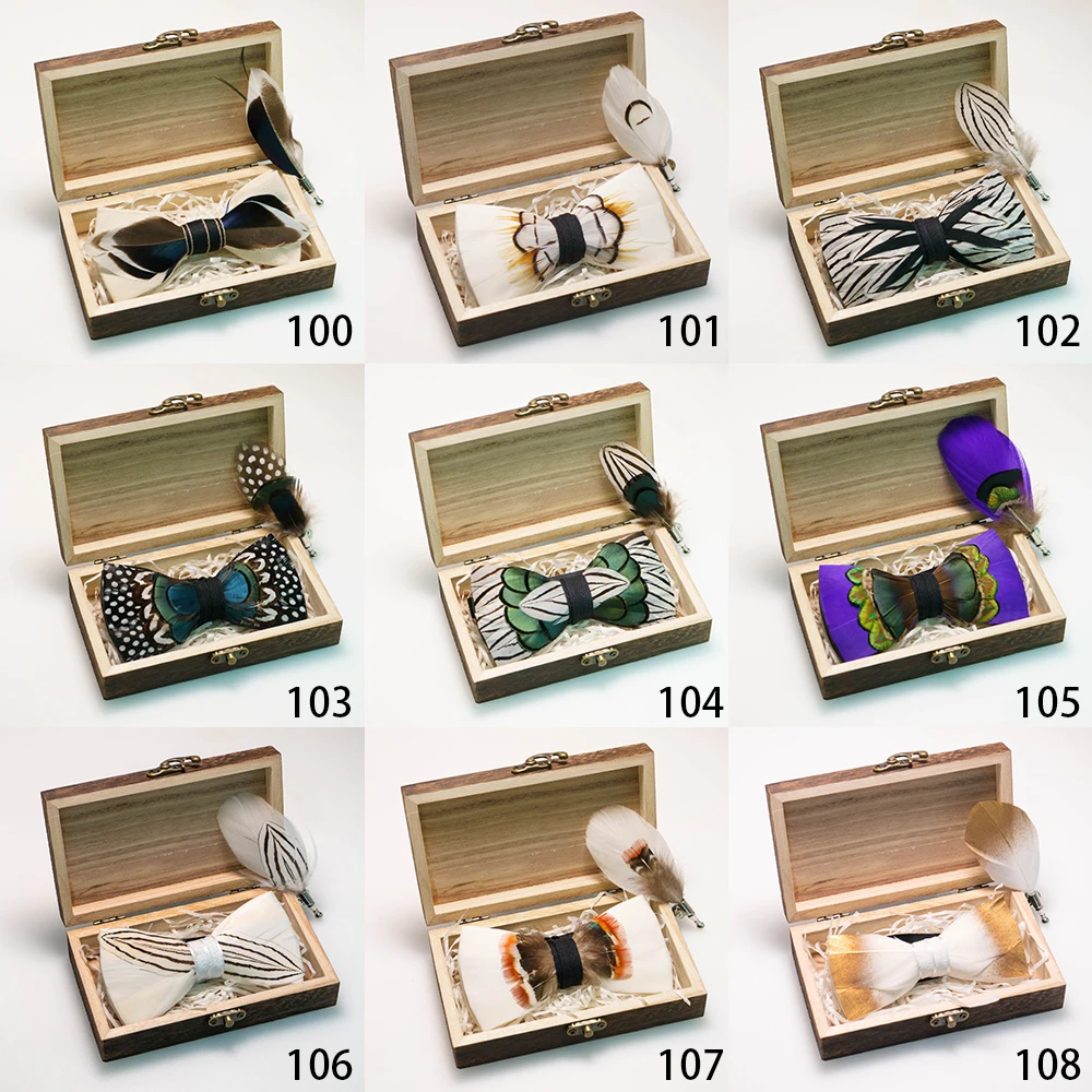 EASTEPIC Handmade Feather Bow Tie Brooch Wooden Box Set Men's Exquisite Accessories for Wedding Party Birthday Gift Necktie