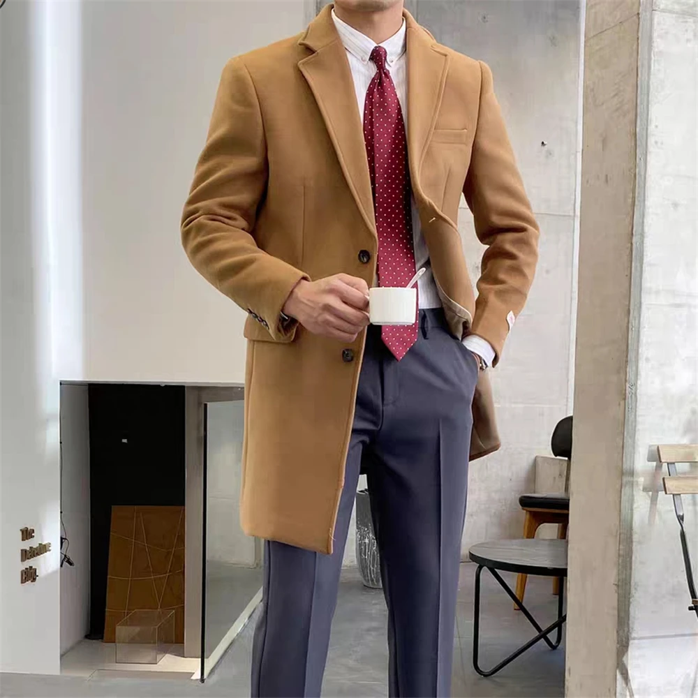 Camel Warm Woolen Mens Long Coat Jacket Custom Made Thick Wedding Tailored Party Prom Business Blazer Only One Piece Suit