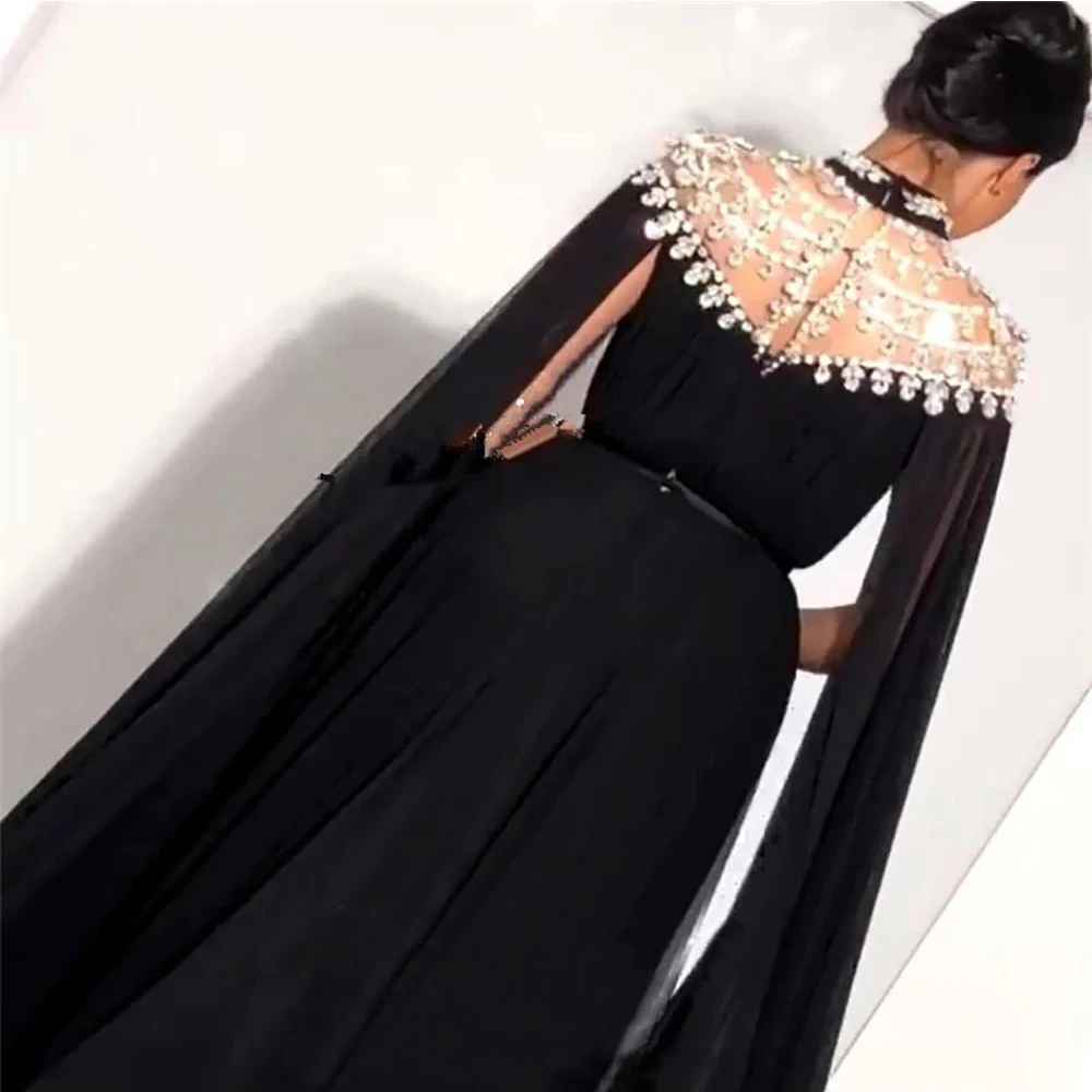 Muslim Shinny  High Neck Caped Crystals Evening Dresses 2022 Black Chiffon Dubai Arabic Long Formal Party Prom Dress فساتين الس