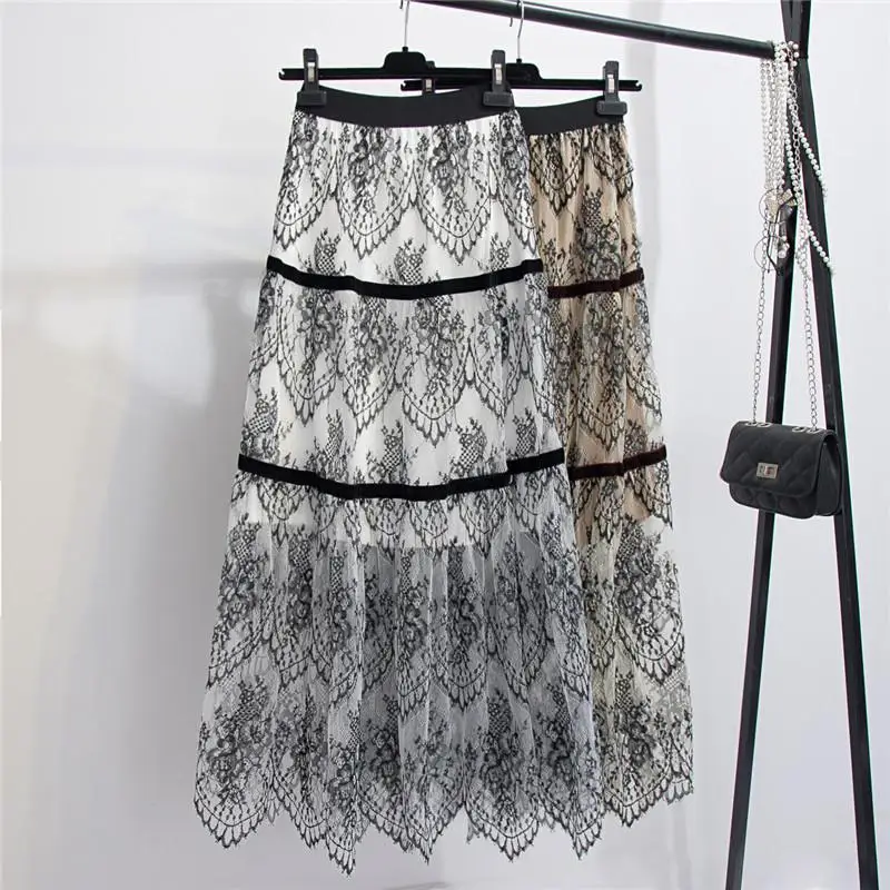 

2024 Summer Spring Women High Waist Slimming Hollow Crochet Lace Skirts Casual Simple All-match Women Long Skirts Free Shipping