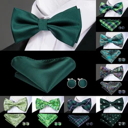 Hi-Tie – nœud papillon vert de noël pour homme, nœud papillon en soie, boutons de manchette Hanky, ensemble de fête de mariage, nœud papillon uni à carreaux Paisley