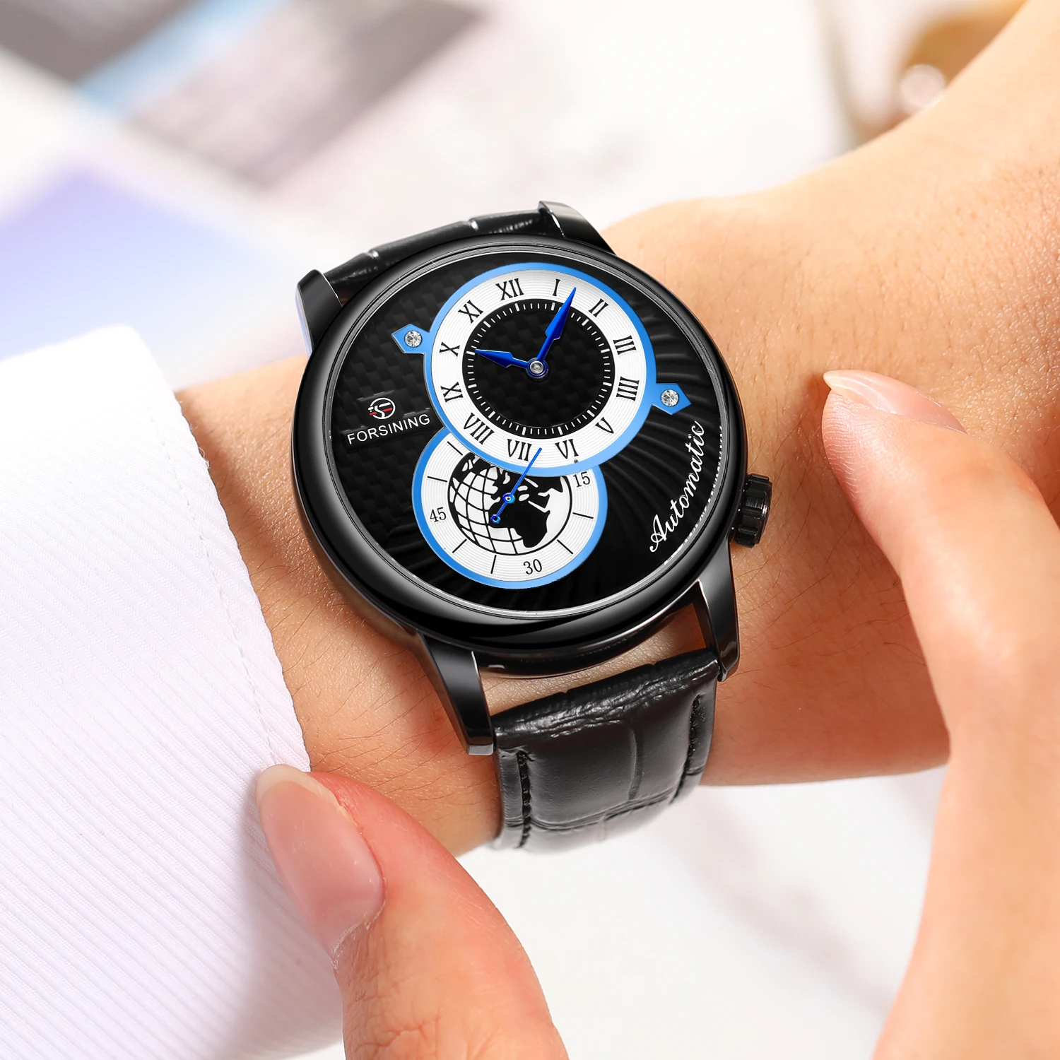 FORSINING men's and women's watches simple fashion style double ring mechanical skin strap wrist watch mechanical watch