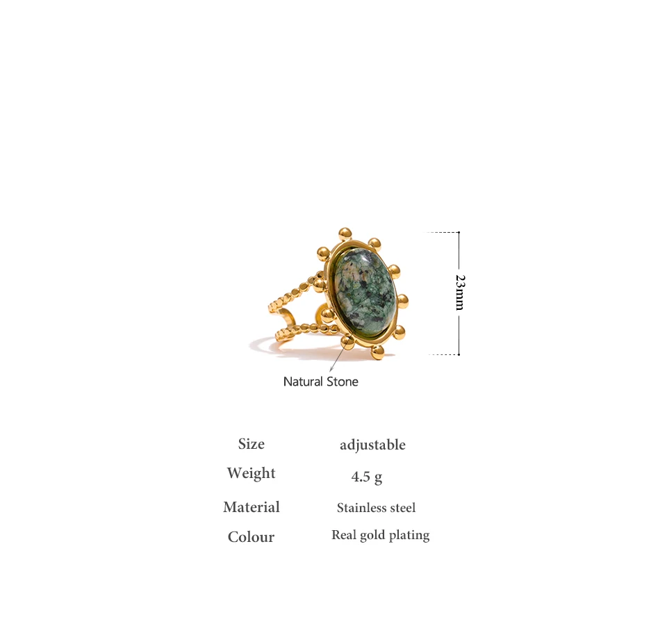 Yhpup Stainless Steel Green Natural Turquoise Opening Ring Statement Golden 18 K Plated Ring bague acier inoxydable Gift New