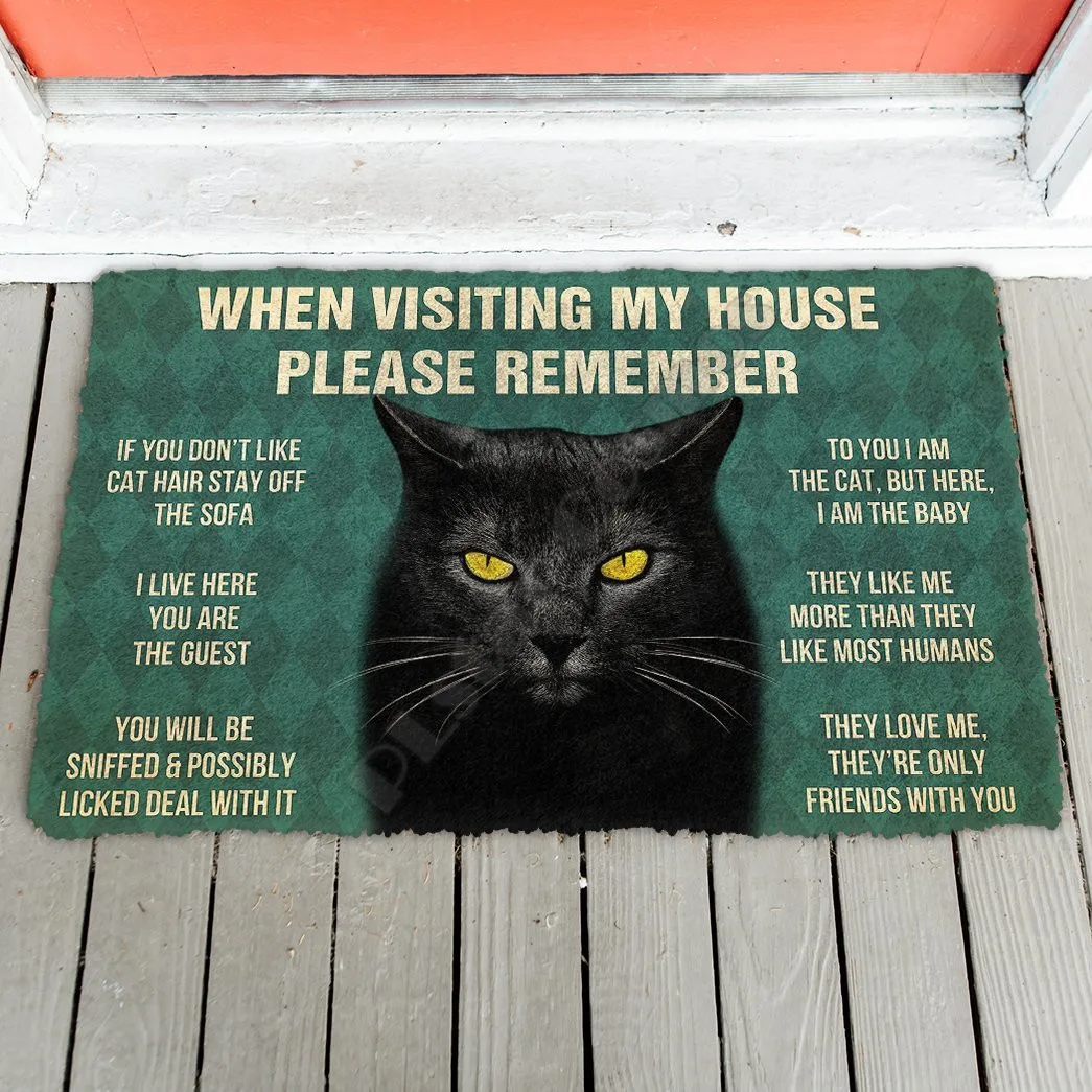 

3D Please Remember Cool Black Cat House Rules Doormat Non Slip Door Floor Mats Decor Porch Doormat