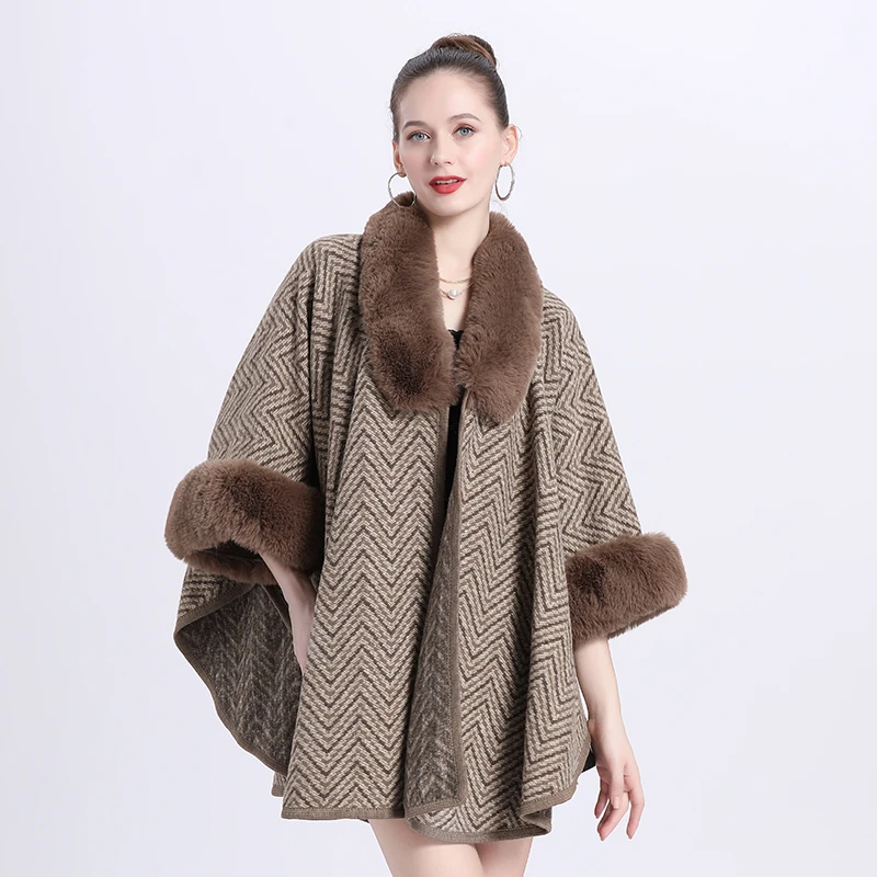 Wave Stripes Wool Blends Loose Cardigan Cloak Elegant Faux Rex Rabbit Fur Coat Women Autumn Winter Overcoat Plus Size Batsleeve