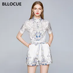 BLLOCUE Summer Vintage Print Suit Women Stand collar Short Sleeve Shirt Blouse + Belt Pocket Shorts Suits Two Pieces Set