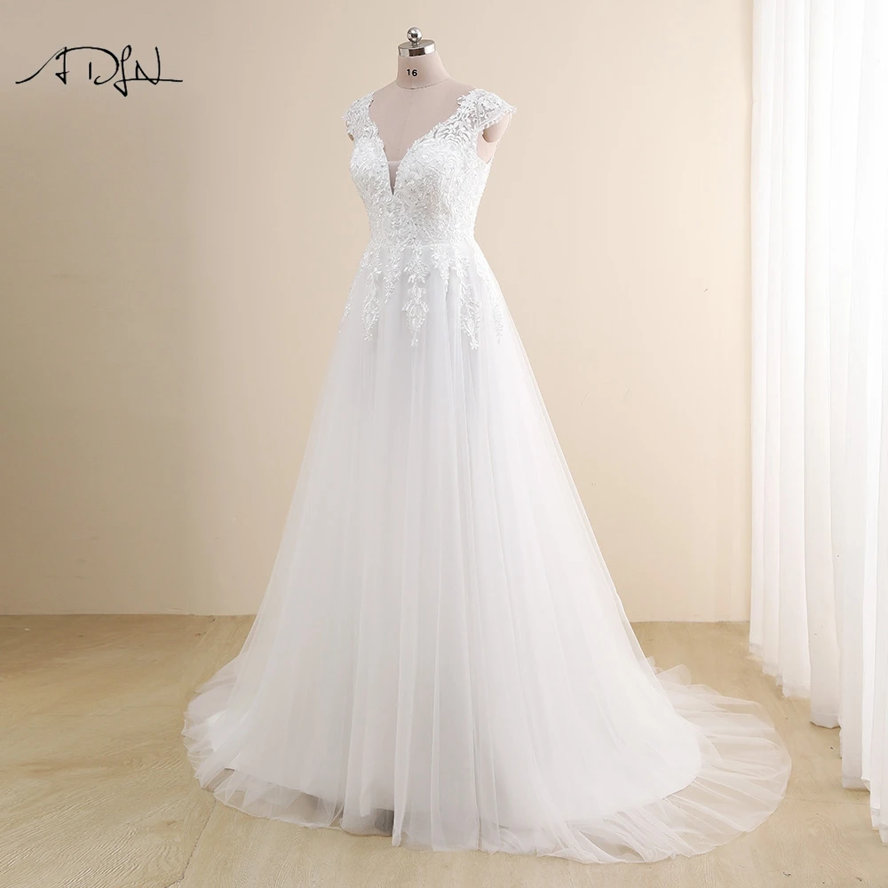 Vestidos De novia modestos con cuello en V y mangas casquillo, vestidos De novia De talla grande personalizados con apliques De encaje De tul, bata De novia personalizada