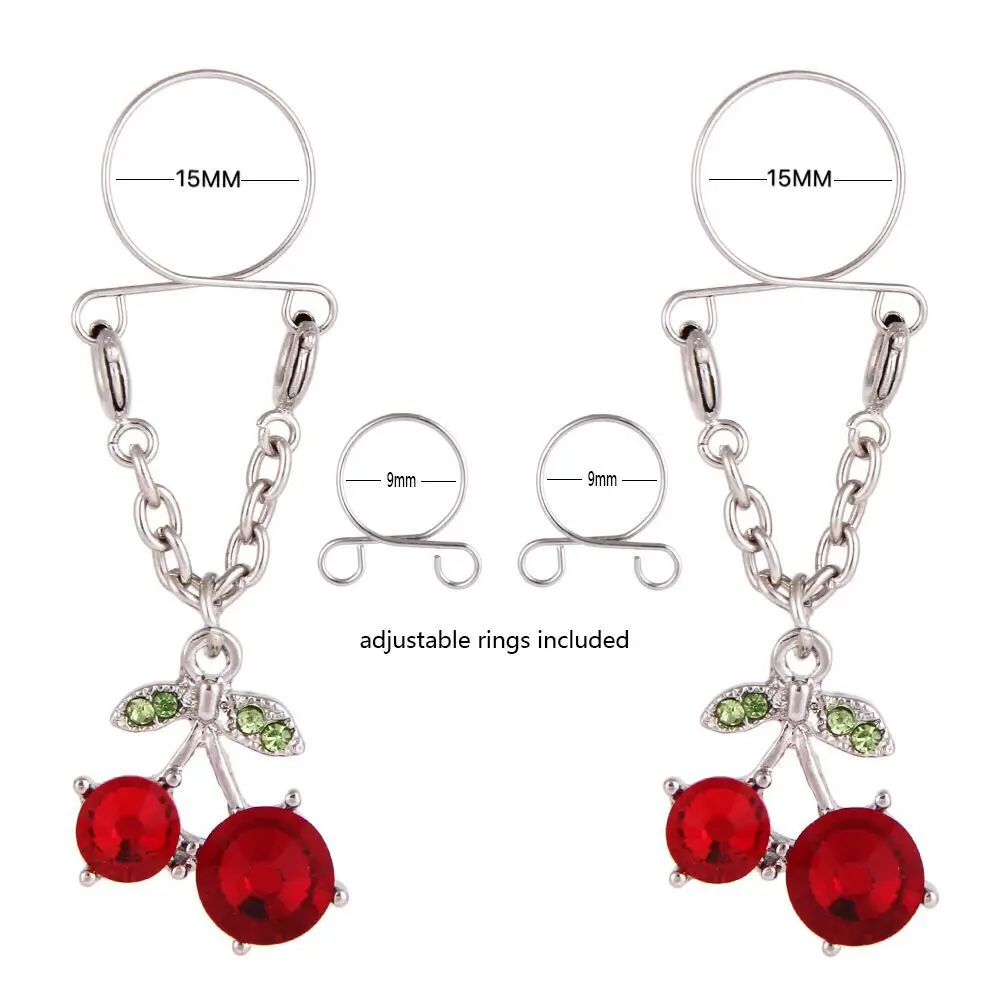 1Pair Adjustable Cherry Non Pierced Nipple Dangles Stainless Steel Rhinestone Fake Nipple Piercing Ring Sexy Body Jewelry