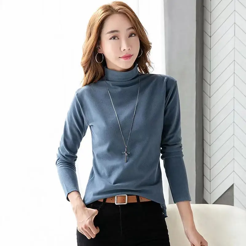 Women Autumn Winter Long Sleeve Turtleneck Shirt Warm Slim Bottoming Basic Fleece Pullovers Female Korean Solid Tops Clothing