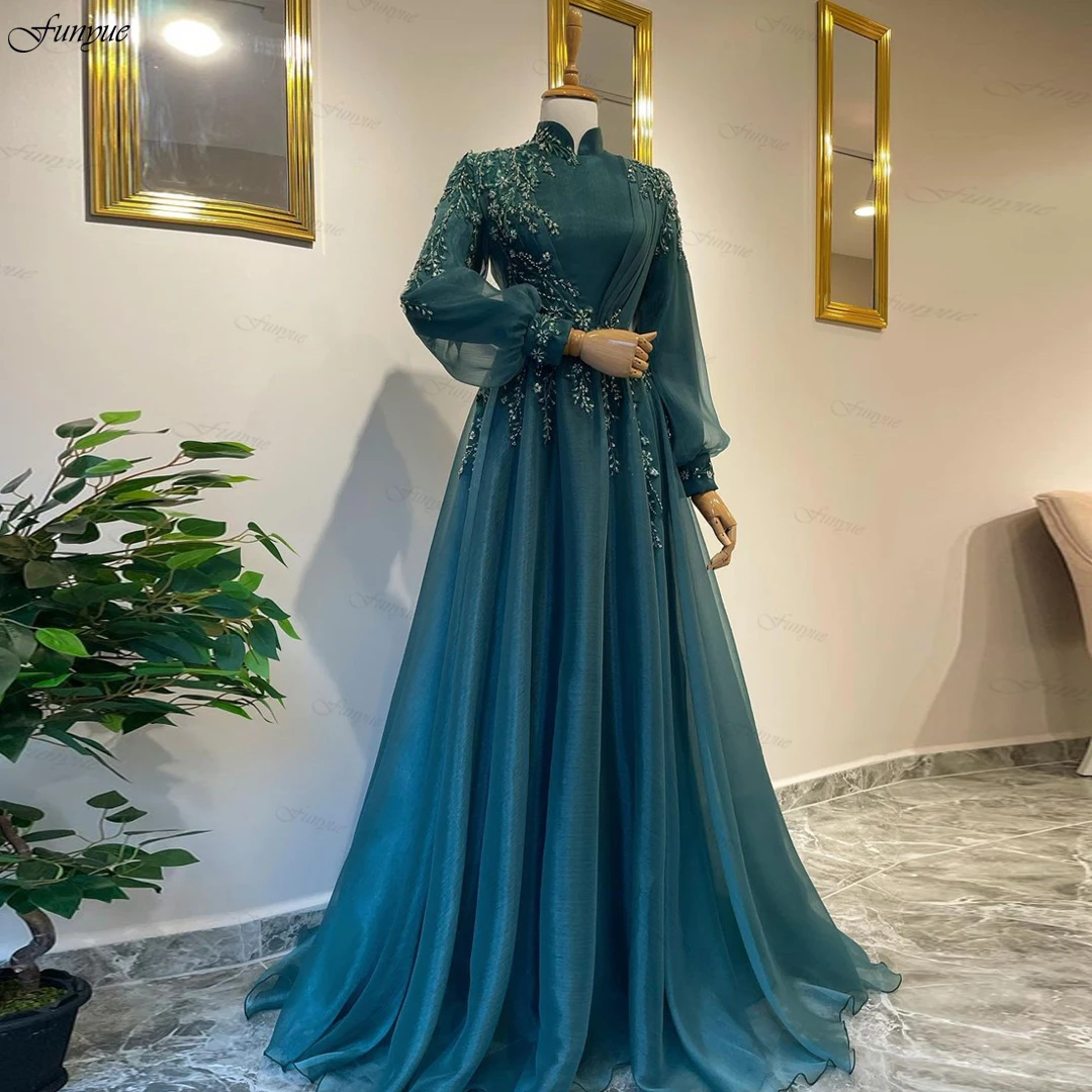 Eleganckie Teal z długim rękawem muzułmańskie sukienki wizytowe 2023 linia tiul koronka zroszony arabski Prom suknie wieczorowe dla damska suknia De Mariée