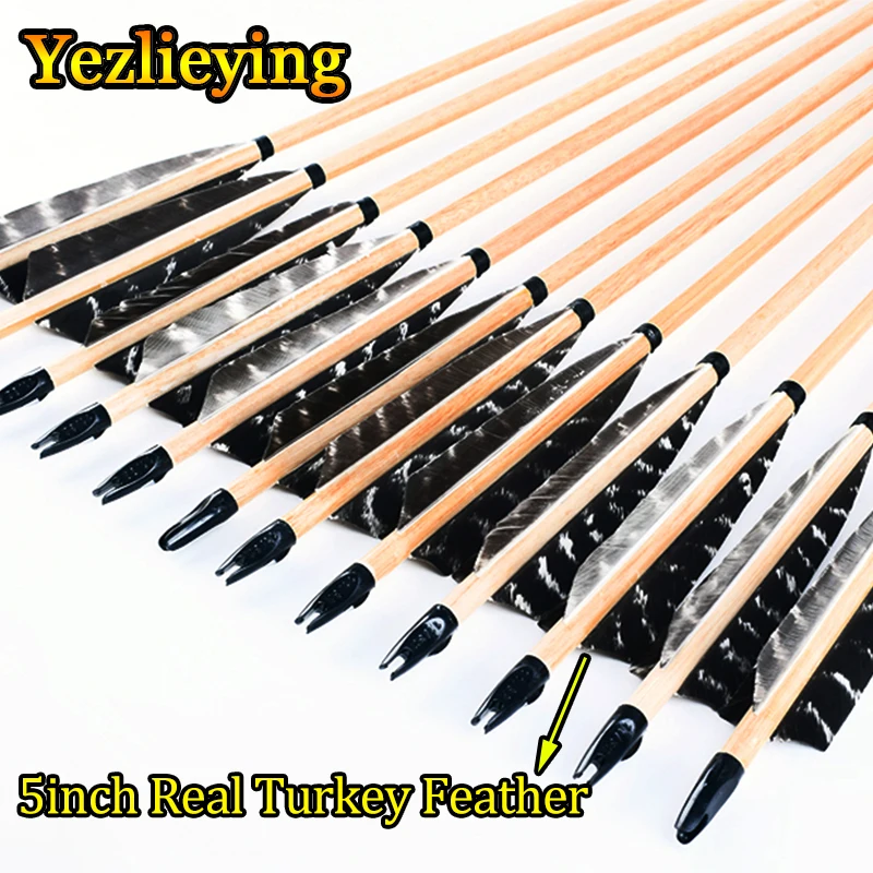 Hot 12pcs 31inch High Quality Archery Pine Wood Arrows Bolts with 5 inch Real Turkey Feather For Hunting Archery bow