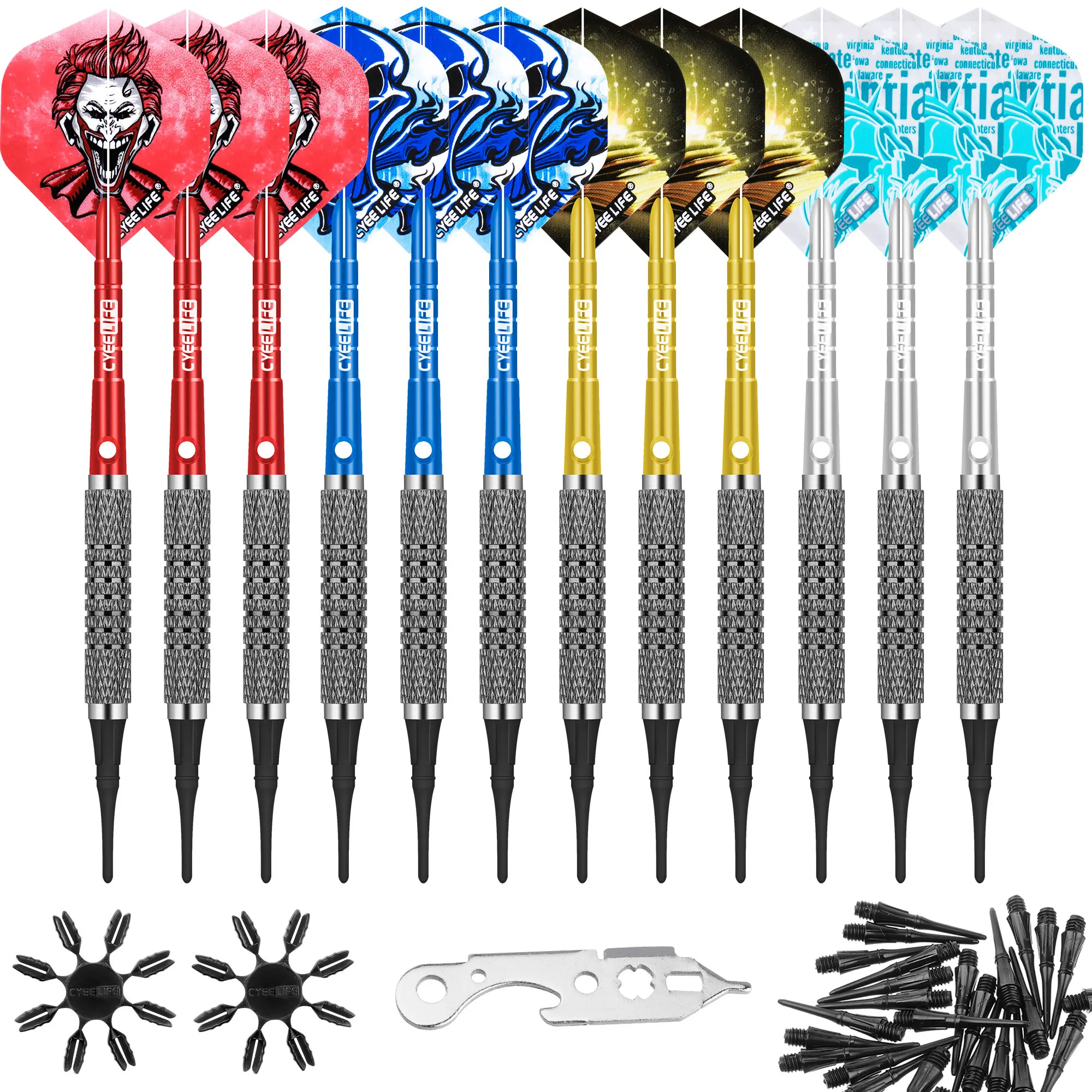 CyeeLife 13/15g Soft tip darts with Fat strong Aluminium Shafts 4 Colors,12 Flights+Tool+100 Plastic points+16 Protectors