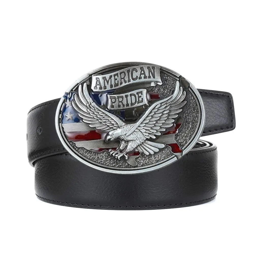 Hebilla de cinturón de plata del orgullo americano para hombre, hebilla de vaquero occidental sin cinturón, aleación personalizada, ancho de 4cm