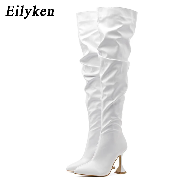 Eilyken บูทเหนือเข่าหนังอัดจีบสีขาว, รองเท้าบูทแฟชั่นส้นสูงแบบเซ็กซี่มีซิป