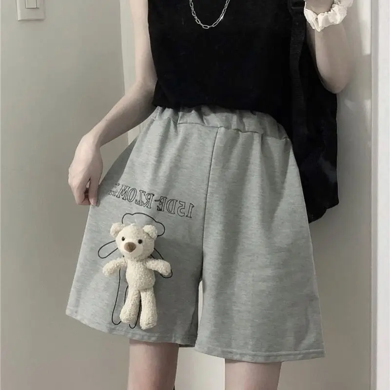 with Bear pendant harajuku vintage streetwear shorts women korean solid casual elastic high waist wide leg running shorts Female