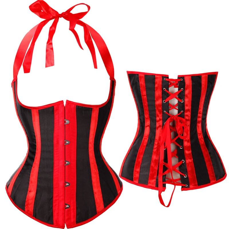 Gothic Satin Waist Trainer Cincher Corsets Bustiers Black/White/Red/Purple Striped Halter Boned Underbust Cupless Body Shaper