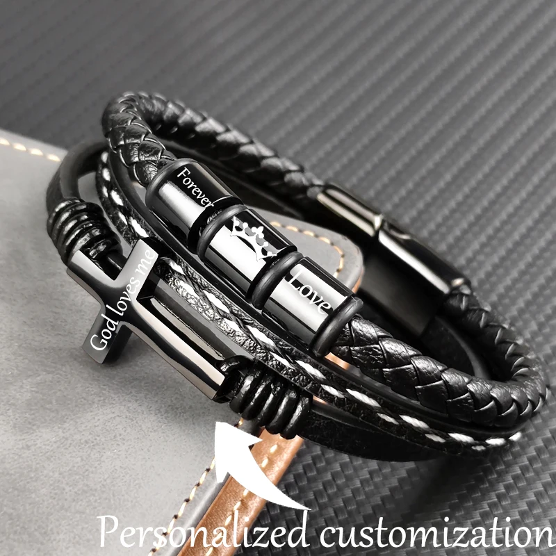 MingAo New Custom Engraved Family Name Beads Cross Bracelets Black Braided Leather Stainless Steel Bracelets for Men Fathers