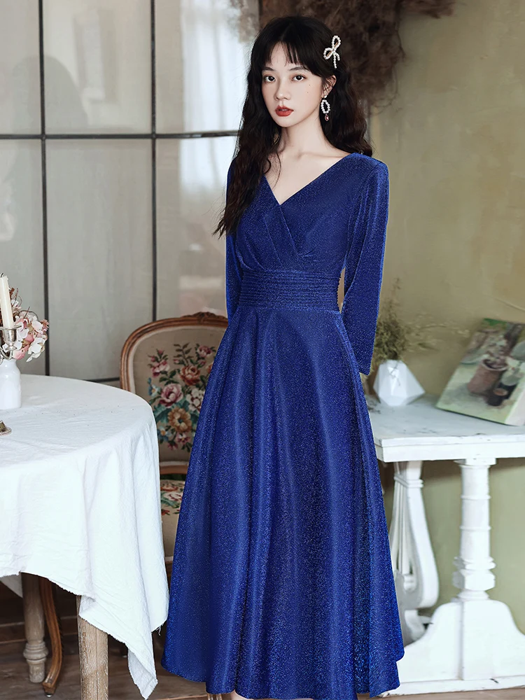 Long Sleeve Cocktail Party Dresses 2021 Elegant V-Neck A-Line Tea-Length Royal Blue Prom Dresses For Graduation